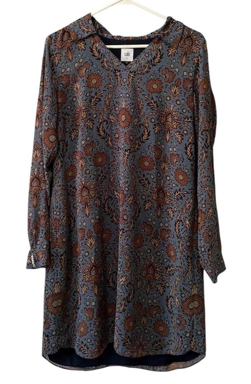 Cabi Women Size Medium‎ Floral V Neck Dress Shift Long Sleeve Lined Boho Paisley